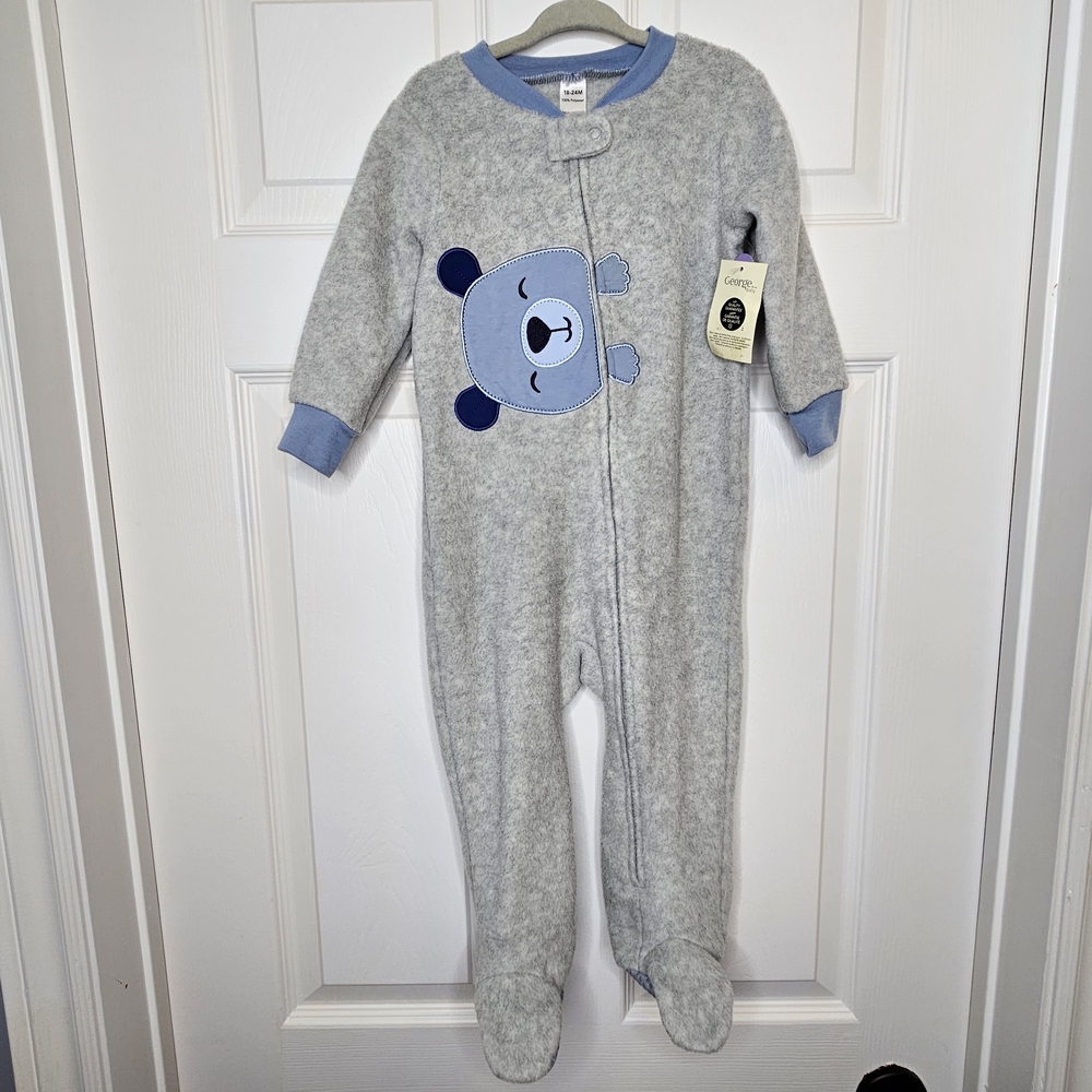 NWT George Fleece Footie Pajamas Teddy Bear Graphic Gray Blue Kids Size 18-24M